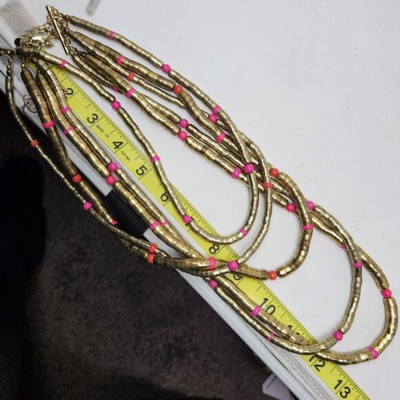 CHICOS Long Layered Geometric Chunky Necklace Pink Antique Gold Earrings Set - Picture 7 of 7